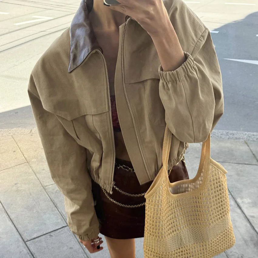 Suede Bomber Jacket with Leather Details